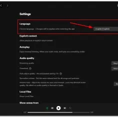 Ustawienia Spotify: sekcja Język z rozwijaną listą wyboru języka na "English (English)".