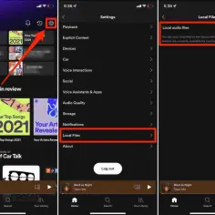 Ekran Spotify z zaznaczonymi opcjami "Ustawienia", "Pliki lokalne" i włączonym przełącznikiem "Pliki audio lokalne".