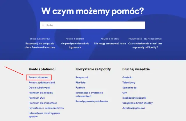 Szukasz informacji, jak usunąć kartę na Spotify? Kliknij "Pomoc z kontem", aby znaleźć odpowiedzi.